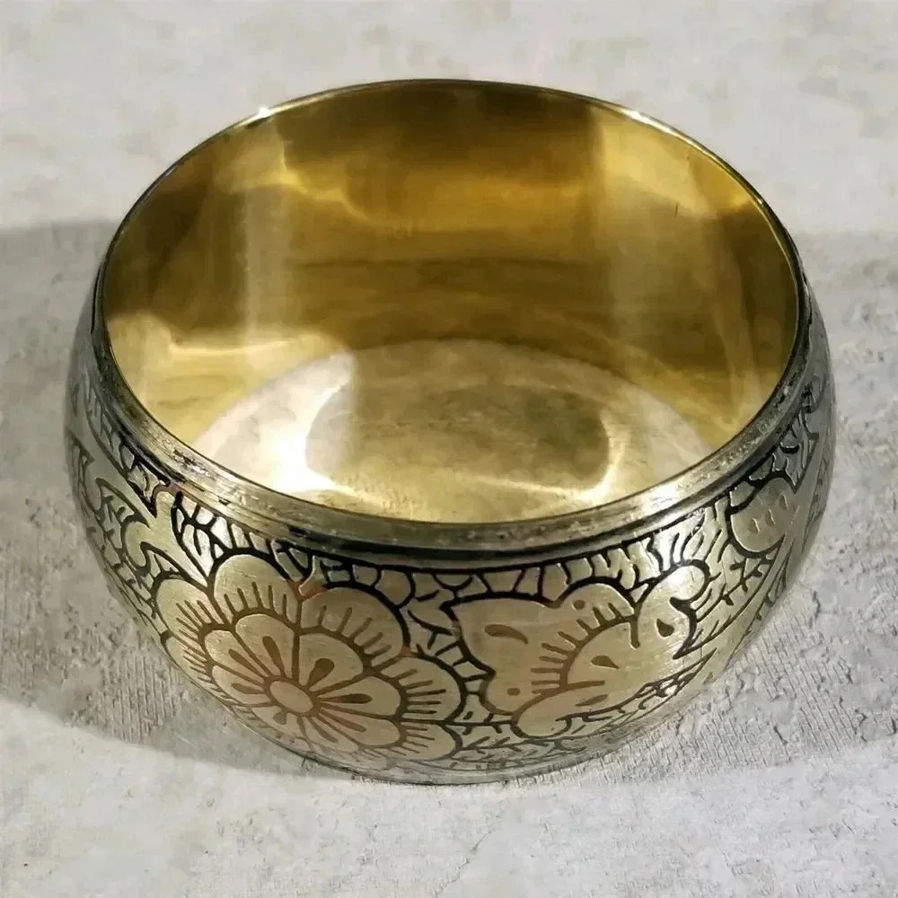 India Raw Brass Carved Lotus Flower Bangle Bracelet Black Red Muted Accents